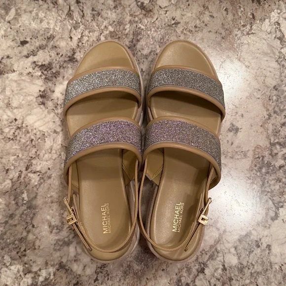 Michael Kors Silver Glitter Sandals with Tan Accents - Picture 9 of 10
